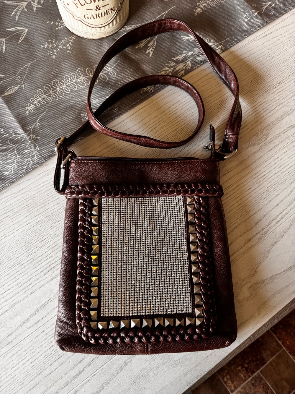 Brown Studded Crossbody Bag with braided detail, and Rhinestone Panel … New!